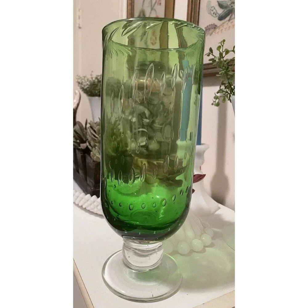 70’s Art Deco Hand Blown Controlled Bubble Apple Green & Clear Base Glass Vase